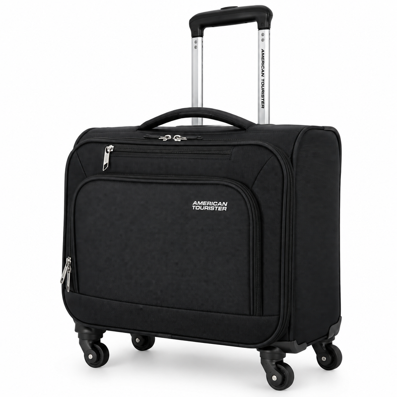 American Tourister Alvin Cabin Rolling Tote 45cm – Black 600D Polyester Rolling Laptop Travel Bag, 4 Wheels