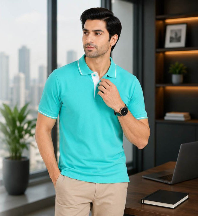 Premium Aqua Blue Polo T-Shirt with White Tipping | Cotton Polo Collar T-Shirt | Corporate & Casual Wear
