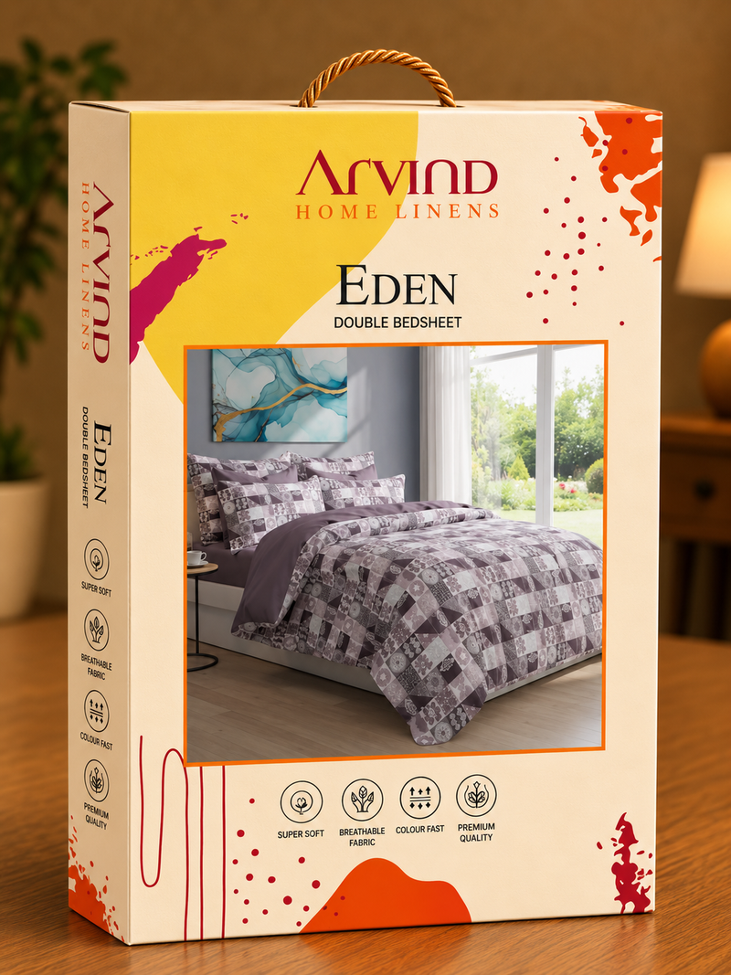 Arvind Eden Double Bedsheet – Premium Microfibre Printed Bedsheet Set, Purple & Grey Geometric Design