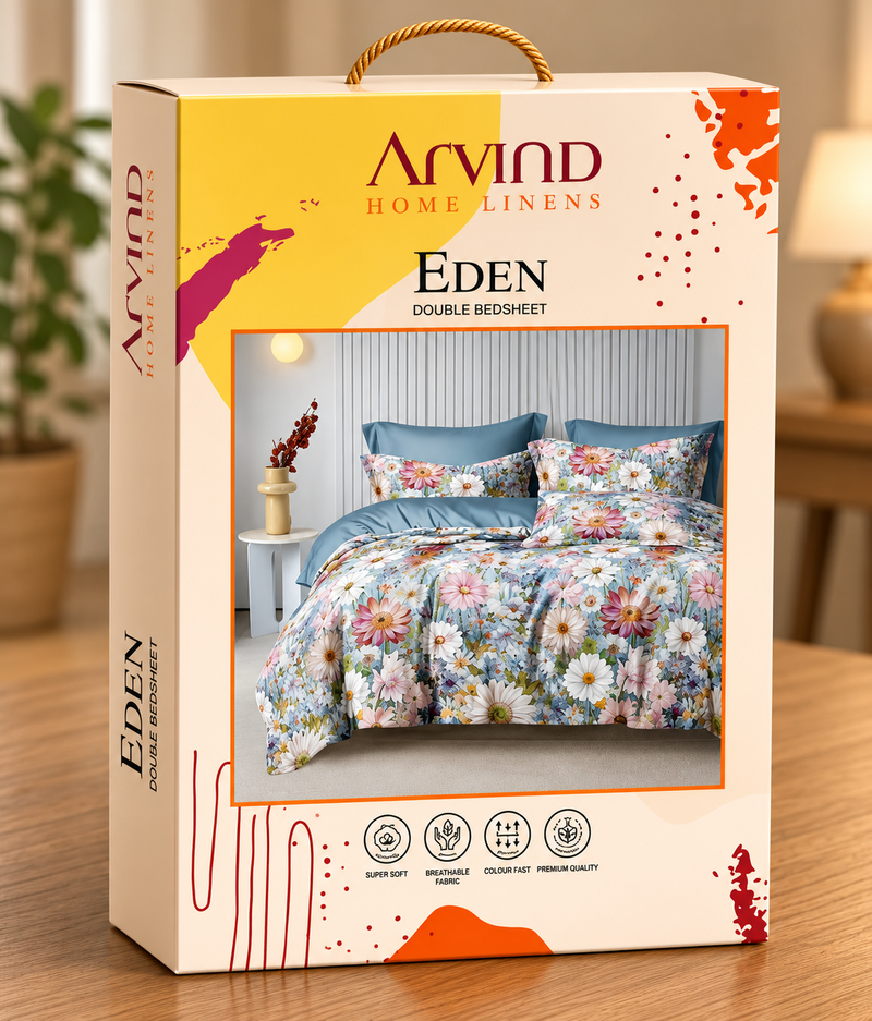 Arvind Eden Blue Floral Bloom Double Bedsheet Set – Microfiber with 2 Pillow Covers