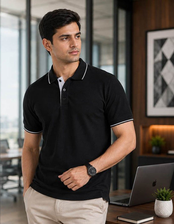 Premium Black Polo T-Shirt with White Tipping | Cotton Polo Collar T-Shirt | Corporate & Casual Wear