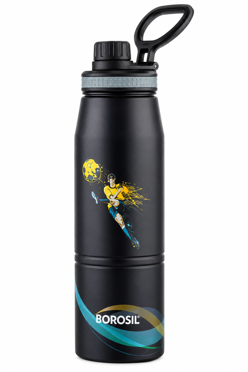 Borosil GoSport Football 900 ML Vacuum Insulated Stainless Steel Water Bottle – Black