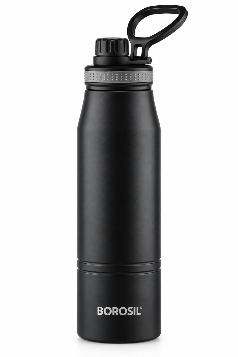 Borosil GoSports Vacuum Insulated Stainless Steel Water Bottle – Black | 600 ML & 900 ML
