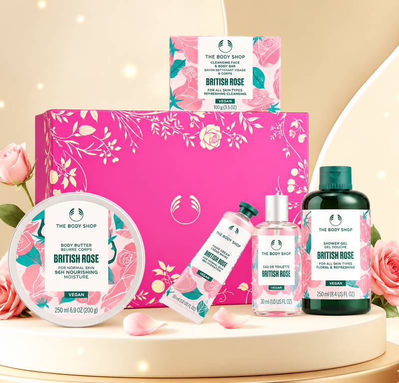 The Body Shop British Rose Gift Set – Body Butter 200g, Shower Gel 250ml, Hand Cream, Eau de Toilette & Cleansing Bar