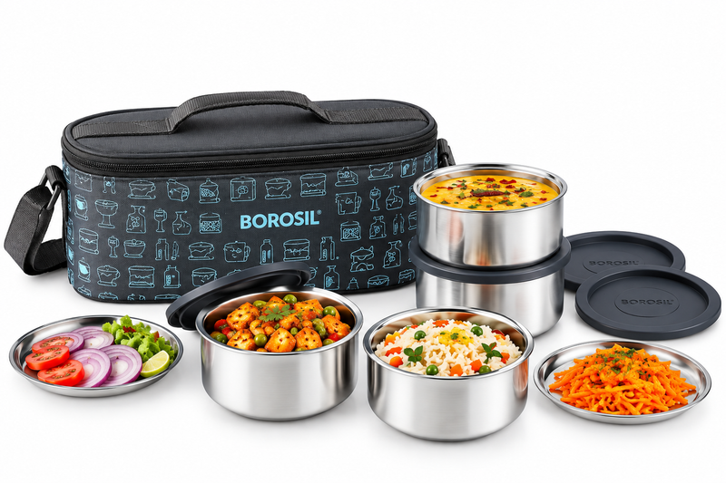 Borosil CarryFresh Insulated Stainless Steel Lunch Box Set of 4 – 280 ML × 2 + 180 ML × 2