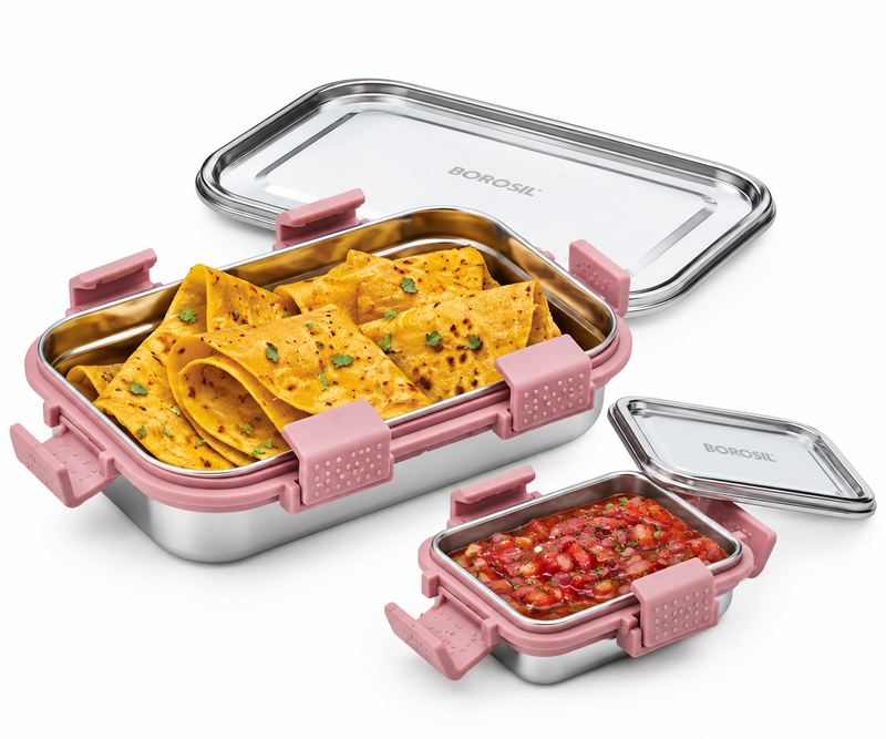 CarryFresh Slim Lunch Box Set Pink 825ml | Stainless Steel 700ml + 125ml Containers with Secure Locking Lids
