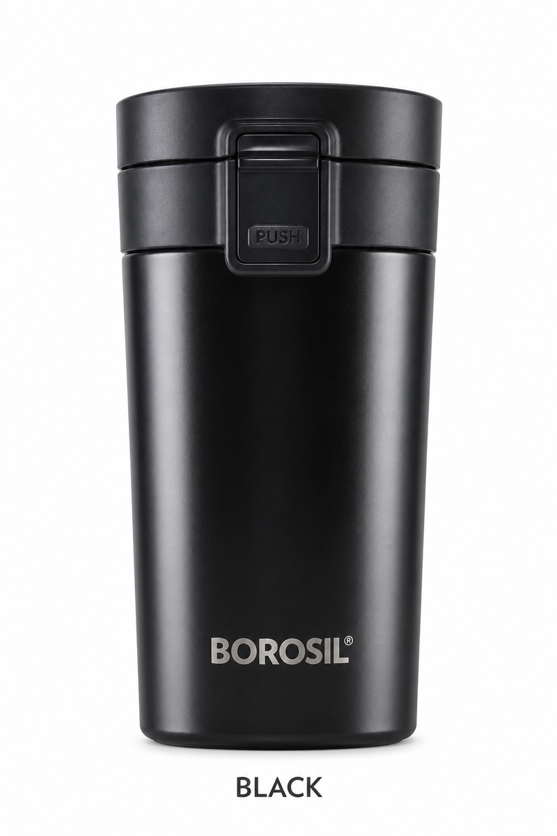 Borosil Coffeemate 300 ML Vacuum Insulated Stainless Steel Travel Mug – Black, White & Mocha