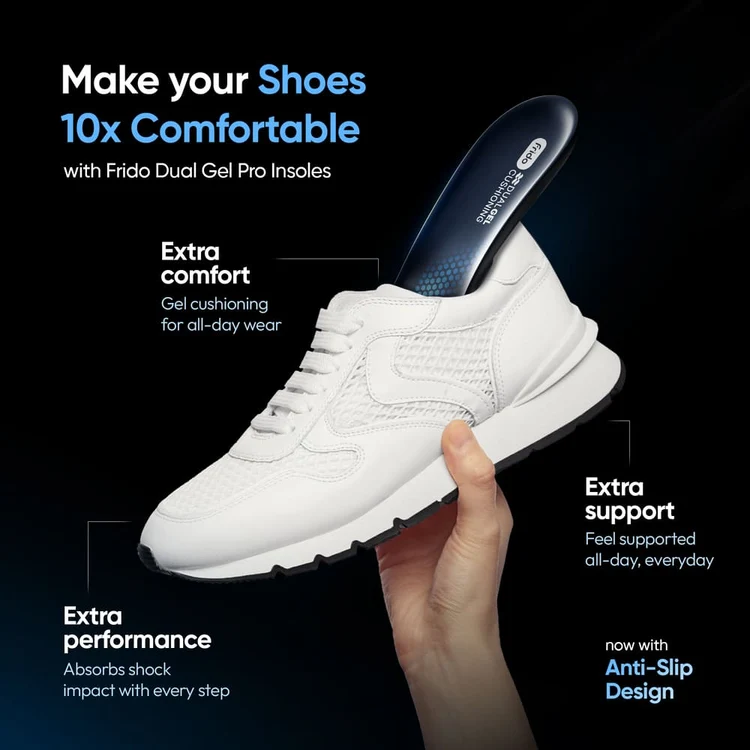 Frido Dual Gel Pro Insoles for Men & Women | Anti-Slip Shock Absorption Foot Support
