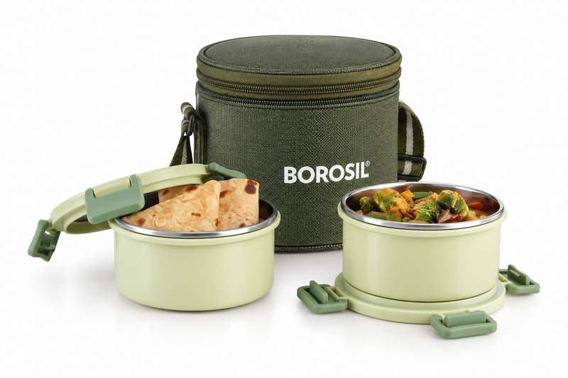 Borosil Glory Green Stainless Steel Lunch Box Set of 2 – 280 ML Each, Vertical