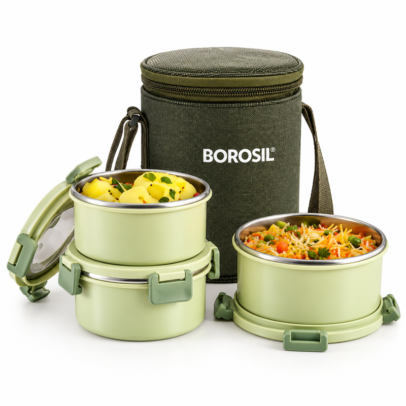 Glory Green Stainless Steel Lunch Box Set of 3 with Insulated Carry Bag | Premium Office, School & Travel Tiffin Set