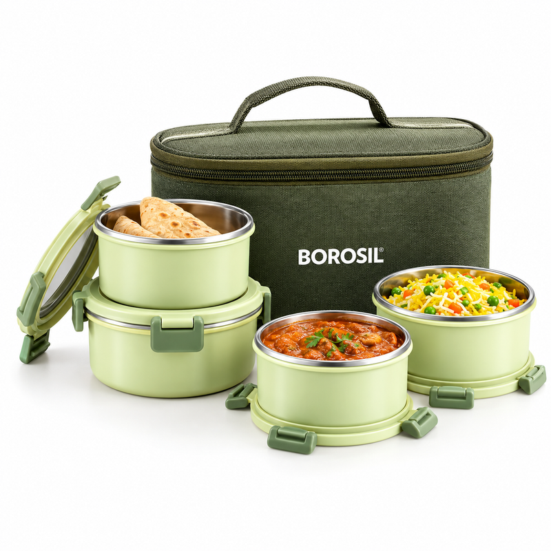 Glory Green Stainless Steel Lunch Box Set of 4 with Insulated Carry Bag | Premium Office, School & Travel Tiffin Set