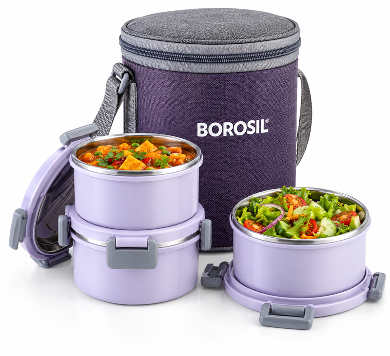 Glory Lavender Stainless Steel Lunch Box Set of 3 Vertical with Insulated Carry Bag | 280ml Office, School & Travel Tiffin Set