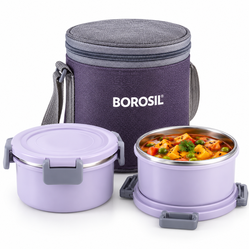 Glory Lavender Stainless Steel Lunch Box Set of 2 Vertical with Insulated Carry Bag | 280ml Office, School & Travel Tiffin Set