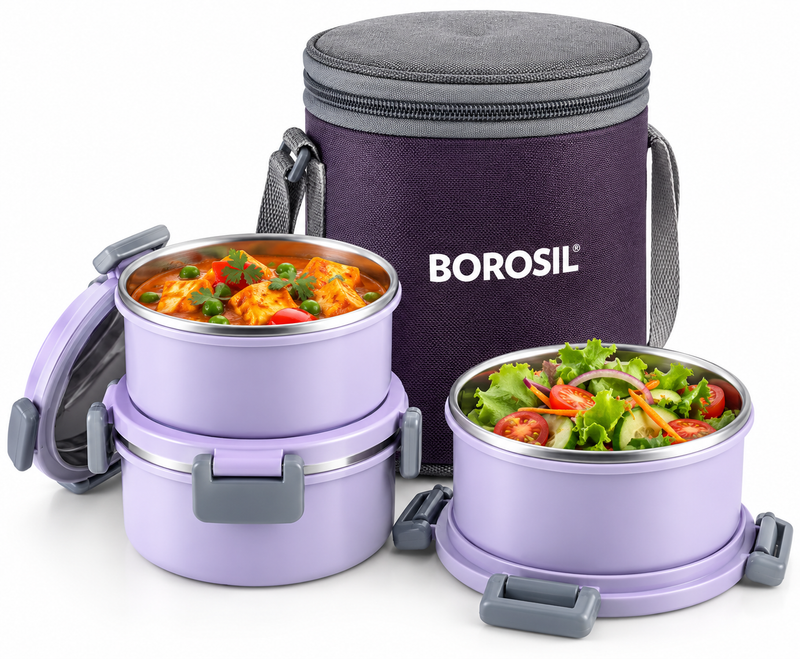 Glory Lavender Stainless Steel Lunch Box Set of 3 with Insulated Carry Bag | 280ml & 460ml Office, School & Travel Tiffin Set