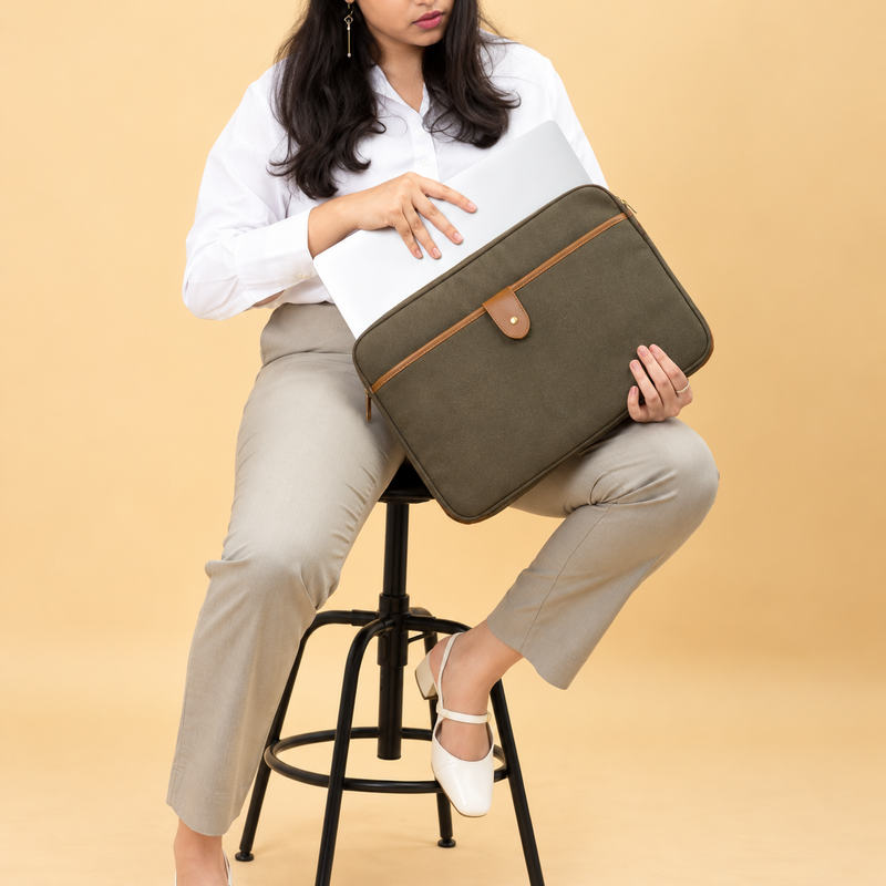 KINDER 16 Inch Laptop Sleeve Bag – Padded Canvas Laptop Case with Front Pocket, Premium PU Accents & Water-Resistant Finish