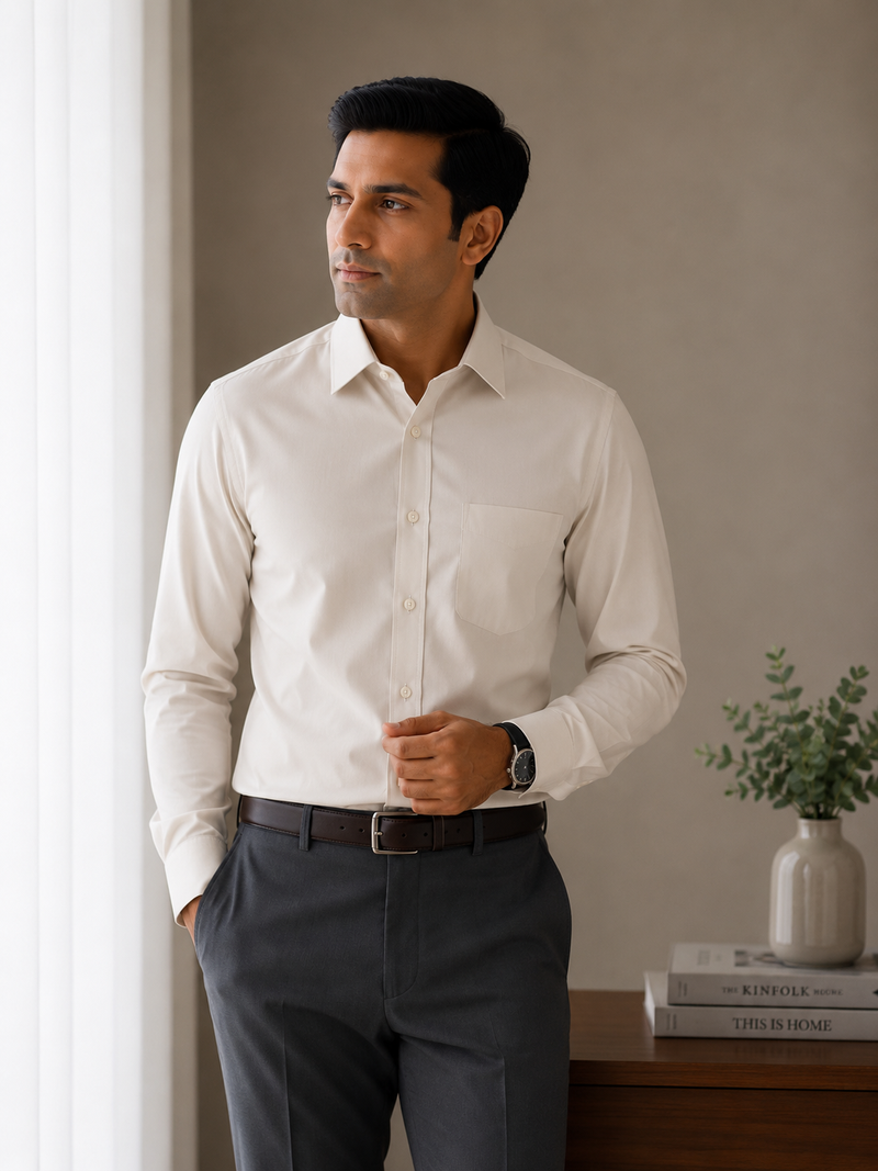 Arvind Satin Men's Off White Formal Shirt | Premium Luxury Satin Finish | Full Sleeve Office Wear