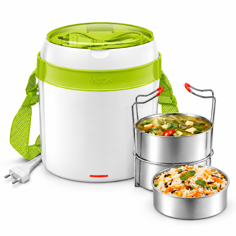 Milton New Futron 3 & 4 Electric Lunch Box | Portable Food Warmer with Stainless Steel Containers, Auto Cut-Off & Double Wall Insulation