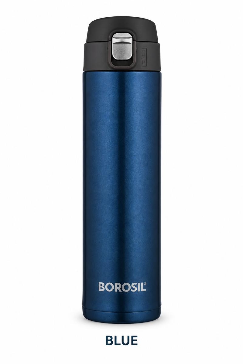 Borosil Nova 500 ML Vacuum Insulated Stainless Steel Bottle – Blue, Titanium & Stainless Steel