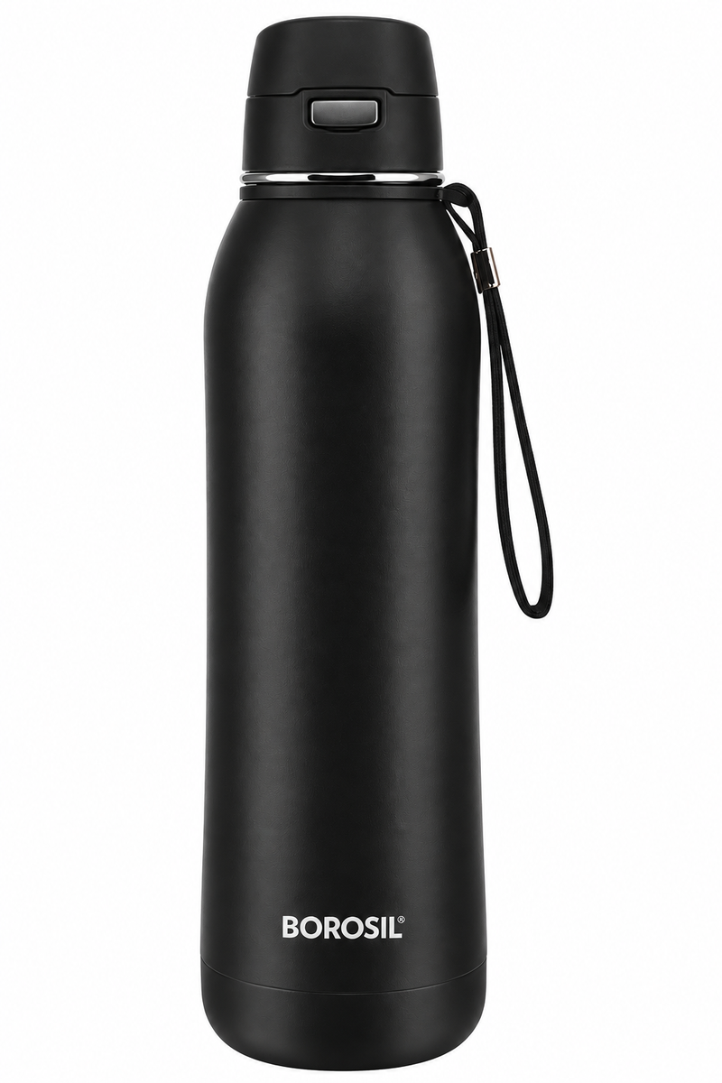 Borosil Rivera Vacuum Insulated Stainless Steel Water Bottle – Black | 600 ML & 800 ML