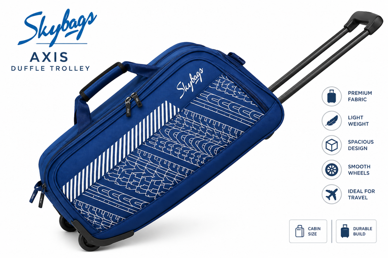 Skybags Axis Duffle Trolley – Cabin Size Blue Rolling Travel Bag,