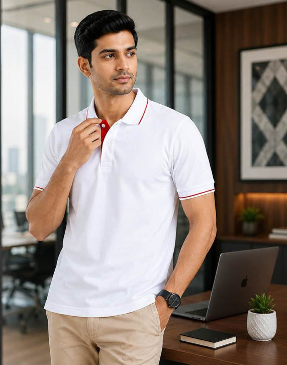 Premium White Polo T-Shirt with Red Tipping | Cotton Polo Collar T-Shirt | Corporate & Casual Wear