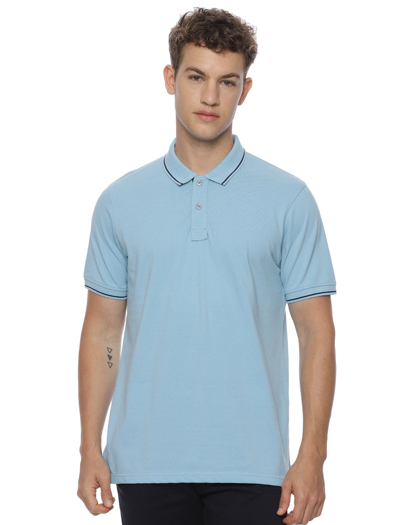 Monte Carlo Men's Sky Blue Tipping Polo T-Shirt | Premium Half Sleeve Cotton Polo with Contrast Collar