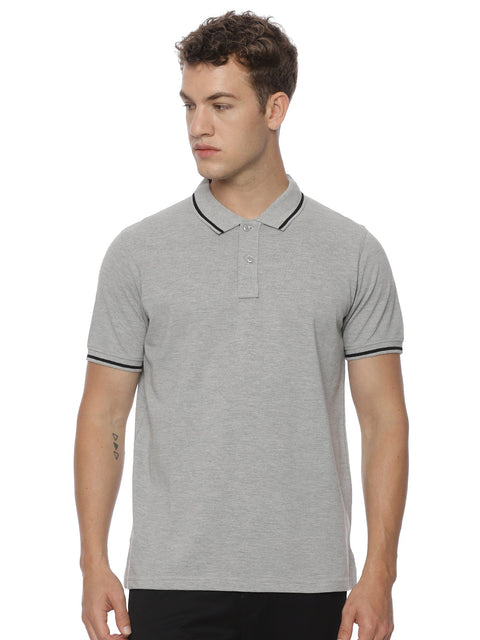 Monte Carlo Men's Light Grey Melange Tipping Polo T-Shirt | Premium Half Sleeve Cotton Polo with Contrast Collar