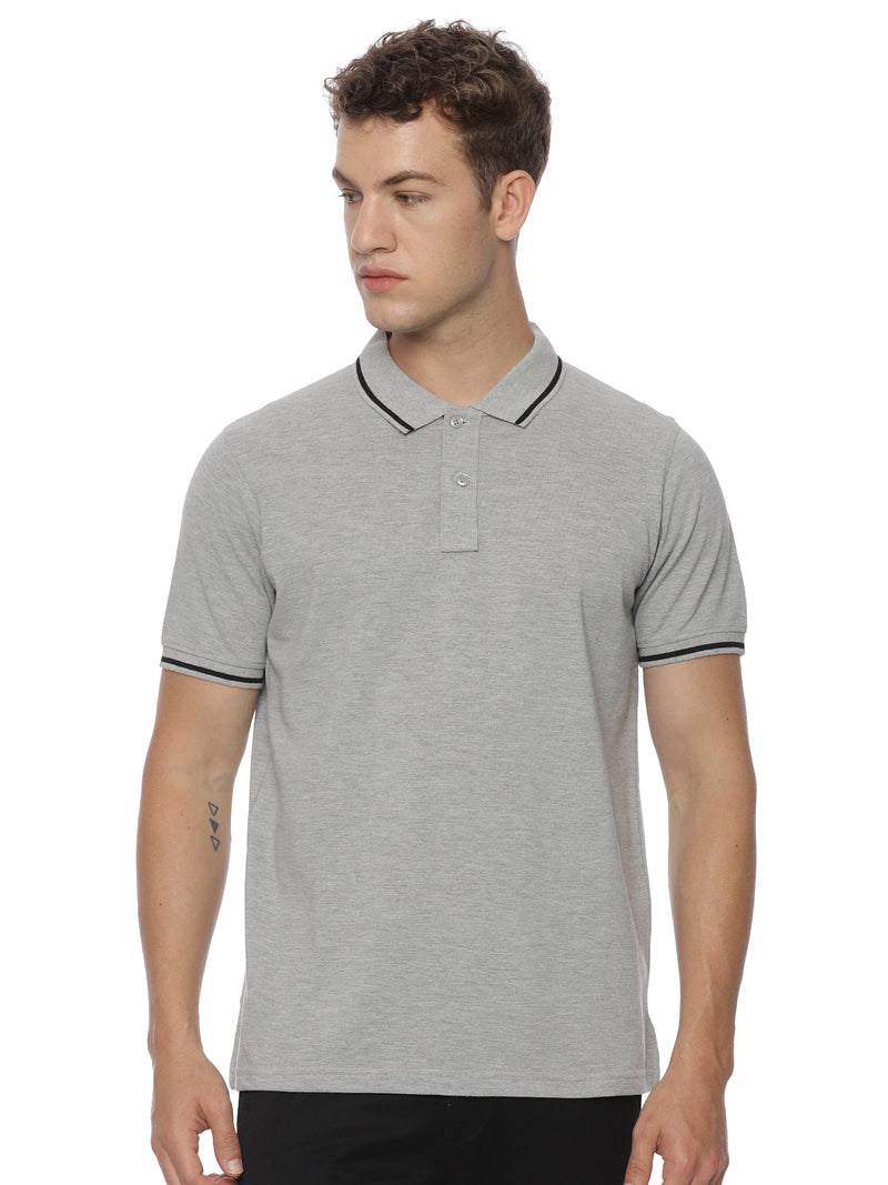 Monte Carlo Men's Light Grey Melange Tipping Polo T-Shirt | Premium Half Sleeve Cotton Polo with Contrast Collar