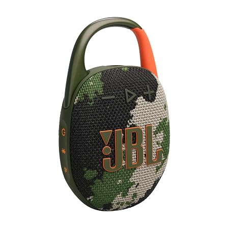 JBL Clip 5, Wireless Ultra Portable Bluetooth Speaker, Pro Sound, 12hrs of Playtime, Integrated Carabiner, Vibrant Colors with Rugged Fabric Design, Dust & Waterproof, Type C (Without Mic, Squad)