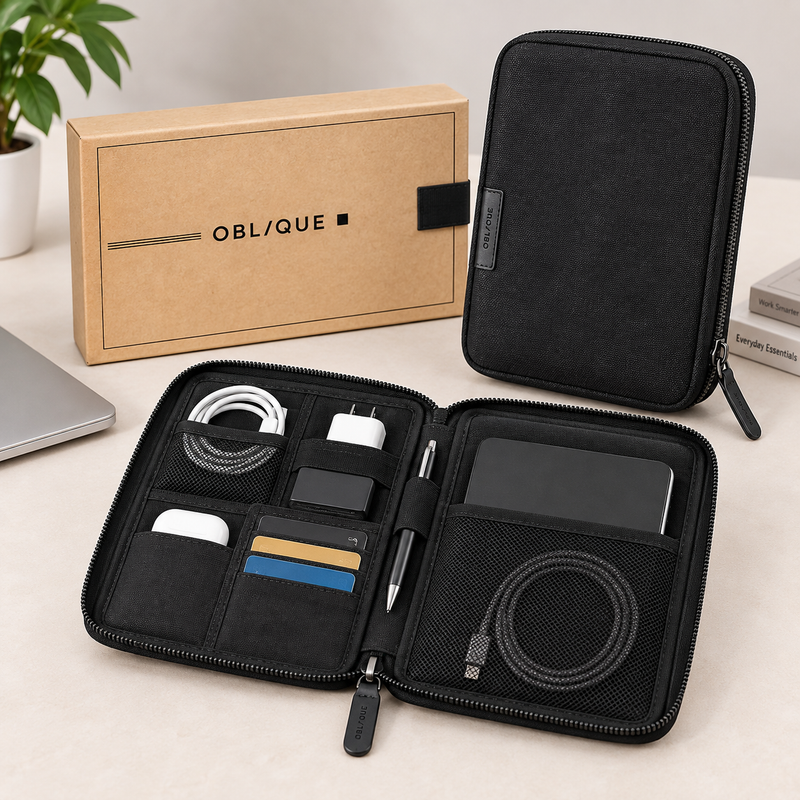 OBLIQUE ALLY CANVAS Premium Tech Pouch | Travel Cable & Gadget Organizer