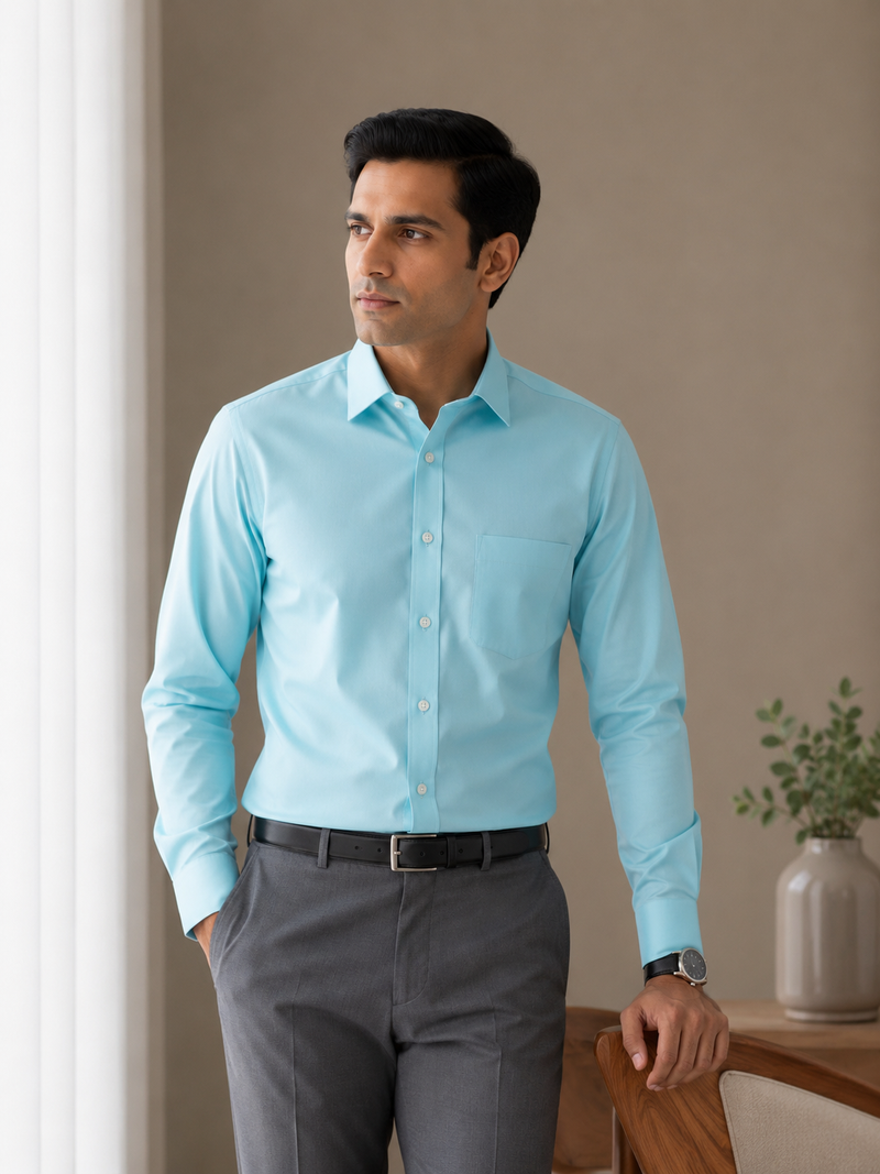 Arvind Easy Care Men's Aqua Blue Formal Shirt | Premium Wrinkle-Resistant Office Wear