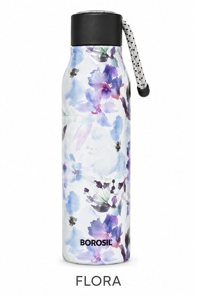 Borosil Aquasoul 600 ML Vacuum Insulated Stainless Steel Water Bottle – Flora, Black, Slate, Vibrant & Tropical
