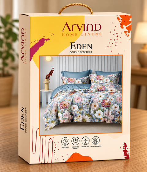 Arvind Eden Blue Floral Bloom Double Bedsheet Set – Microfiber with 2 Pillow Covers