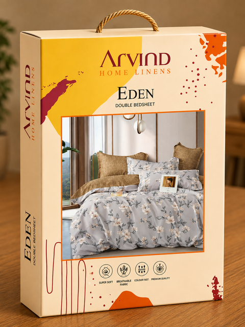 Arvind Eden Blossom Grey Double Bedsheet Set – Microfiber with 2 Pillow Covers