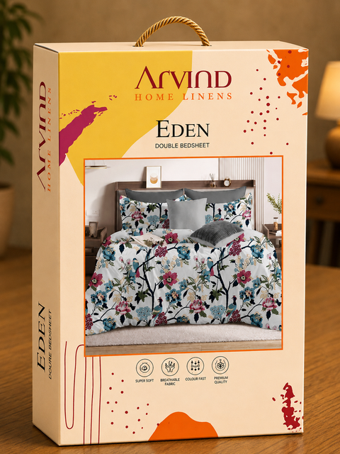 Arvind Eden Floral Bird Double Bedsheet Set – Microfiber with 2 Pillow Covers