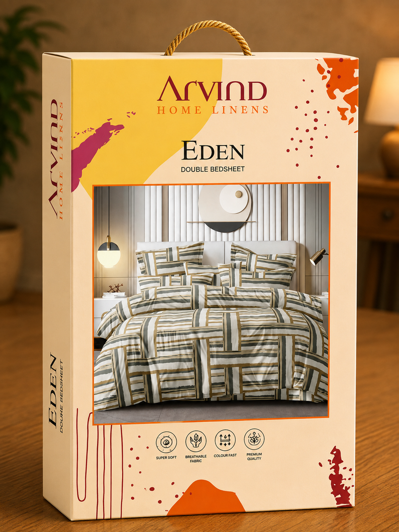 Arvind Eden Geometric Stripes Printed Double Bedsheet Set – Microfiber, 220 × 244 cm