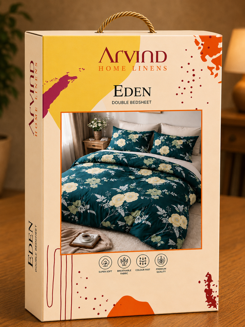 Arvind Eden Teal Floral Printed Double Bedsheet Set – Microfiber, 220 × 244 cm
