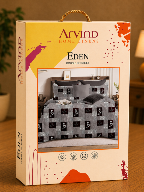 Arvind Eden Charcoal Floral Block Printed Double Bedsheet Set – Microfiber, 220 × 244 cm