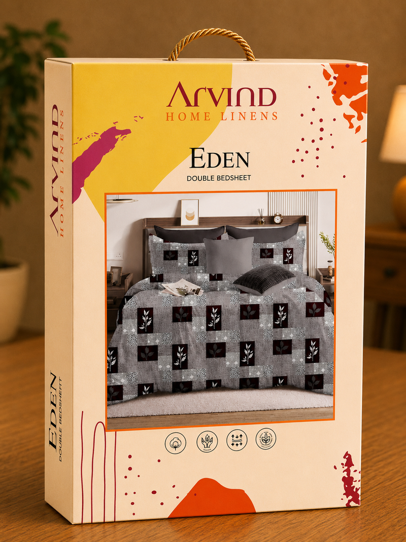 Arvind Eden Charcoal Floral Block Printed Double Bedsheet Set – Microfiber, 220 × 244 cm