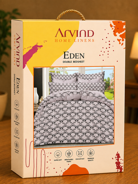 Arvind Eden Double Bedsheet – Premium Microfibre Printed Bedsheet Set, Grey & Black Floral Geometric Design