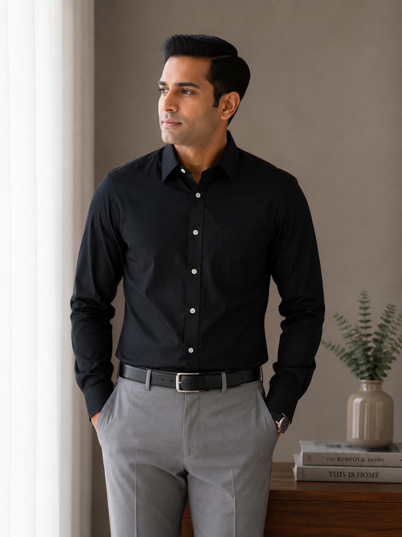 Arvind Satin Men's Black Formal Shirt | Premium Luxury Satin Finish | Full Sleeve Office Wear