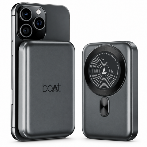 boAt EnergyShroom PB331 MagnaCharge 10000mAh Magnetic Wireless Power Bank – Ash Black, 15W Wireless Charging