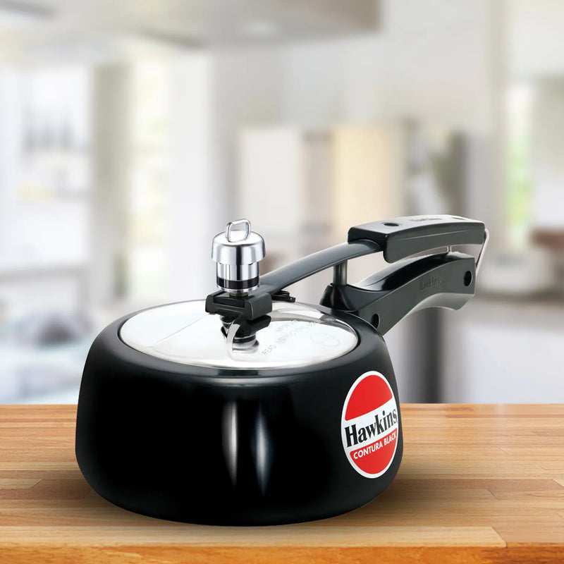 Hawkins Contura Black 1.5 Litre Pressure Cooker – Compact Hard Anodised Cookware | Corporate Gift