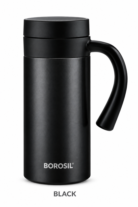 Borosil Cafetime 400 ML Vacuum Insulated Stainless Steel Travel Mug with Handle – Black