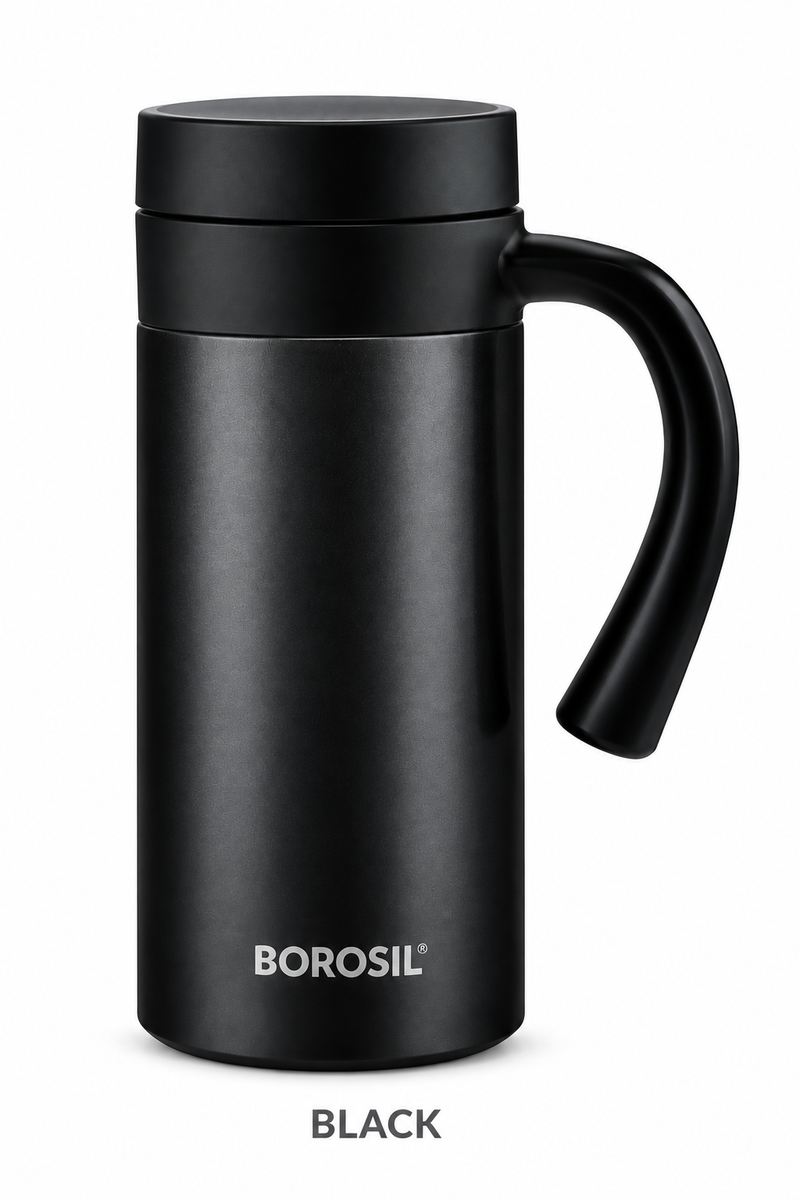 Borosil Cafetime 400 ML Vacuum Insulated Stainless Steel Travel Mug with Handle – Black