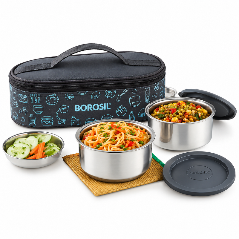 Borosil CarryFresh Insulated Stainless Steel Lunch Box Set of 2 – Horizontal, 280 ML Each