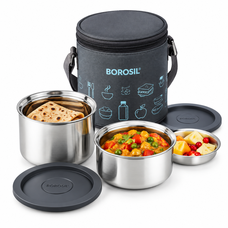Borosil CarryFresh Insulated Stainless Steel Lunch Box Set of 2 – Vertical, 280 ML + 180 ML
