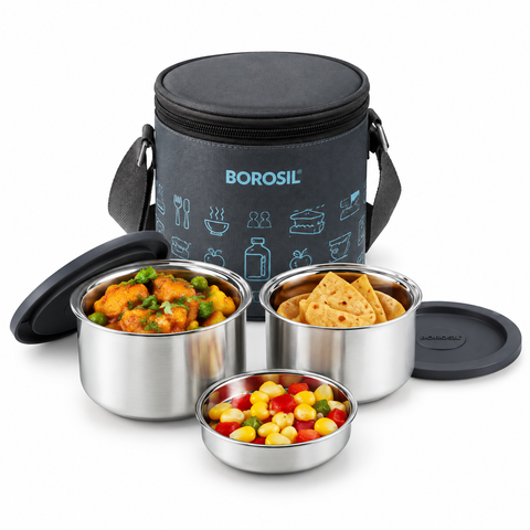 Borosil CarryFresh Insulated Stainless Steel Lunch Box Set of 2 – Vertical, 280 ML Each