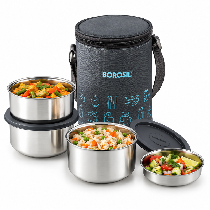 Borosil CarryFresh Insulated Stainless Steel Lunch Box Set of 3 – Vertical, 280 ML + 280 ML + 180 ML