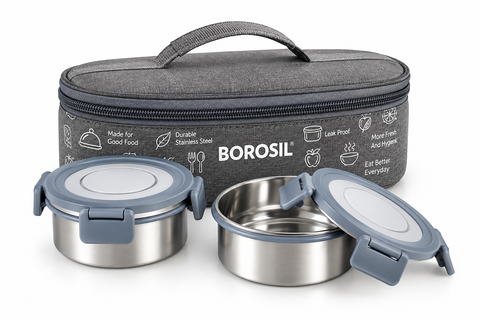 Borosil Slate Insulated Stainless Steel Lunch Box Set of 2 – 280 ML Each, Horizontal